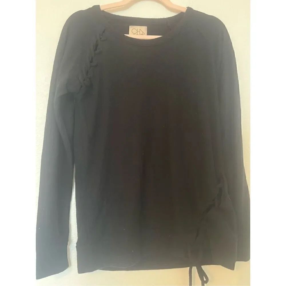 Chaser Lace Up Knit Soft Crew Neck Sweater Top Sz M Black Raglan Sleeve NWT
